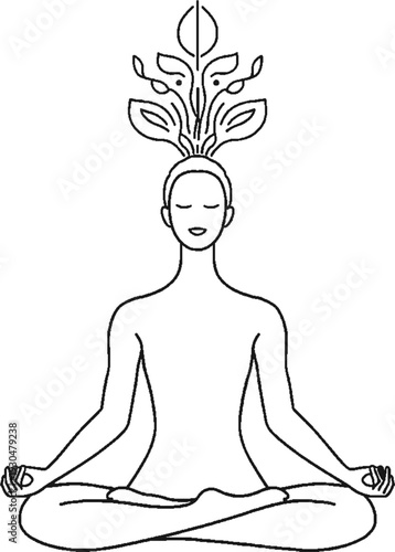 Minimalist line art of a human meditating with blooming flowers from head, mental health and self-care concept.