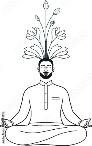 Minimalist line art of a human meditating with blooming flowers from head, mental health and self-care concept.