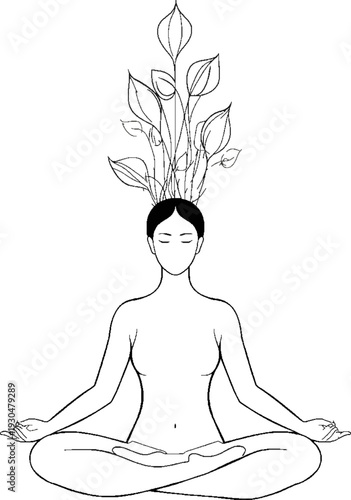 Minimalist line art of a human meditating with blooming flowers from head, mental health and self-care concept.