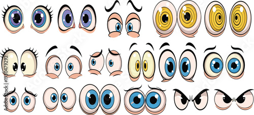 Cartoon expressive eyes collection showing emotions, character design illustration with diverse styles, funny animation drawing for storytelling, mood, personality and creativity