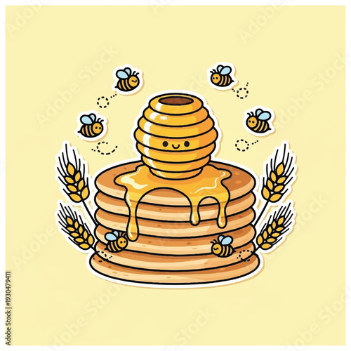 Honeycomb Pancakes with Bees and Honey Dripping.