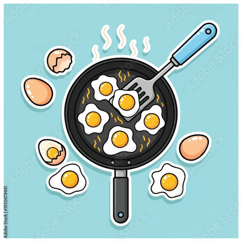 Fried Eggs in Pan with Spatula.