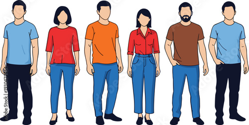 Casual young people illustration set isolated on white background, diverse men and women standing in everyday clothing