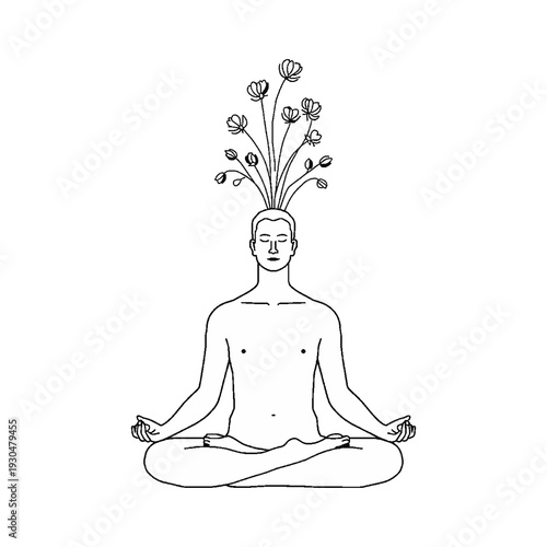 Minimalist line art of a human meditating with blooming flowers from head, mental health and self-care concept.