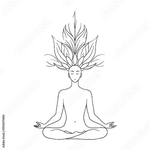 Minimalist line art of a human meditating with blooming flowers from head, mental health and self-care concept.