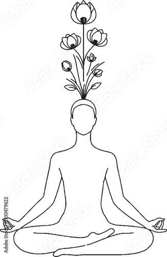 Minimalist line art of a human meditating with blooming flowers from head, mental health and self-care concept.