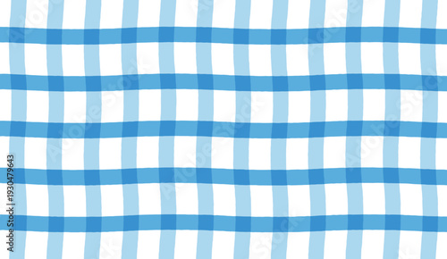 A blue and white checkered tablecloth on a white background, seamless design, texture