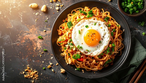 Indonesian fried noodles with fried egg and peanuts, Asian comfort food served in a bowl with green onion garnish