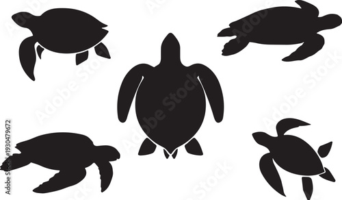 Sea turtle silhouette vector set. Marine reptile icons in different swimming angles and views. Ocean wildlife collection isolated for logo design, aquarium branding and coastal themes.