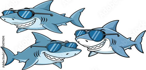 Cartoon sharks wearing sunglasses with wide toothy grins, humorous ocean illustration showing cool marine animals, funny aquatic character design for creative projects