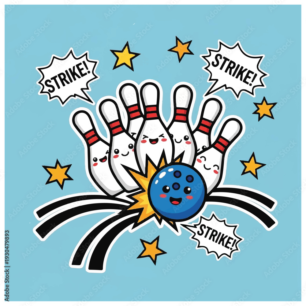 Fototapeta premium Cartoon Bowling Pins and Ball Strike.