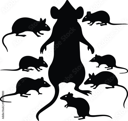 Mouse and rat silhouette vector set. Black rodent family composition in different sizes. Pest animal icons isolated for biology study, logo design and wildlife graphics.