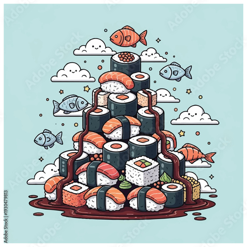 Sushi Stack with Fish and Clouds Illustration.