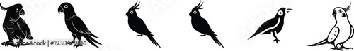 Small bird silhouette vector set. Cute perched tropical birds in black and white. Minimal wildlife icons isolated for logo design, branding and decorative graphics.