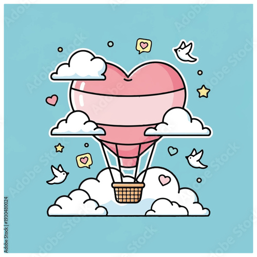 Heart Shaped Hot Air Balloon Illustration.