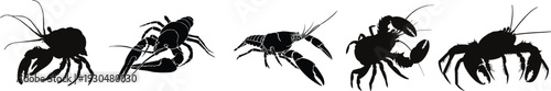 Lobster silhouette vector set. Black seafood crustacean collection in different poses. Marine animal icons isolated for restaurant logo, seafood branding and ocean design.
