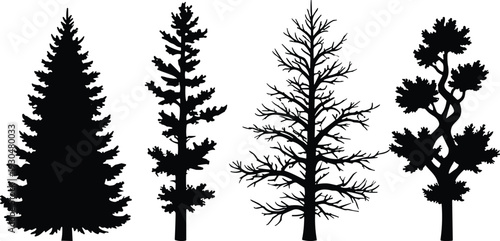 Tree silhouettes collection isolated on white background, evergreen pine and deciduous trees black vector illustration set