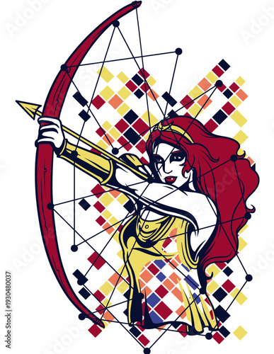 Greek Goddess Artemis Archer Vector Illustration with Bow and Arrow - Mythological Huntress Character Design with Red Hair and Geometric Pixel Art Background for Gaming and Empowerment