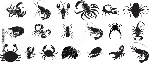 Marine and arthropod silhouette vector set. Black crab, lobster, shrimp, scorpion and insect collection. Detailed animal icons isolated for seafood branding, tattoo and wildlife design.