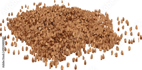Close-up of scattered buckwheat groats on white background, triangular brown grains perfect for food, agriculture, nutrition, gluten-free, and healthy diet projects
