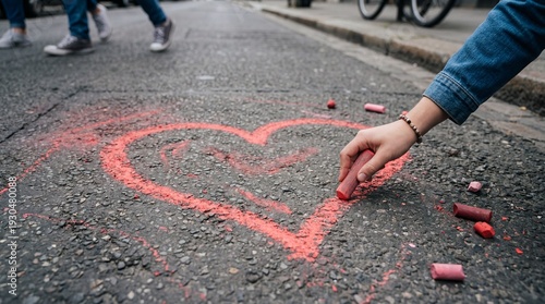 Creating heartfelt art on streets urban environment chalk drawing people walking by