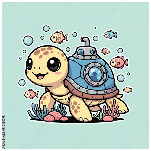 Cartoon Turtle Wearing Submarine Suit Underwater Scene.