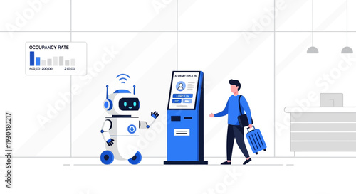 A friendly robot assists a traveler at a self-service check-in kiosk in a modern airport or hotel lobby, showcasing automation and efficiency.