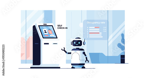 A robot interacting with a self-check-in kiosk in a modern, automated lobby, showcasing smart technology and efficient service.