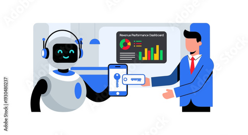 AI robot and businessman exchanging digital key for secure access and data management.
