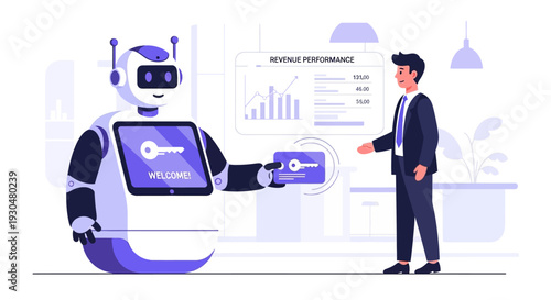 A robot assistant with a key icon on its screen and a businessman interacting, with revenue performance charts in the background.
