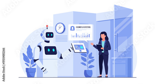 A businesswoman and a robot collaborate on data analysis and business automation in a modern office setting, showcasing digital transformation.