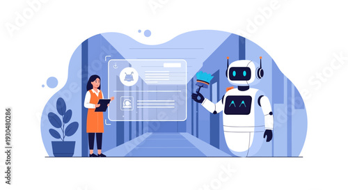 Woman and robot collaborating on a digital interface with data management and artificial intelligence concepts in a modern office setting.