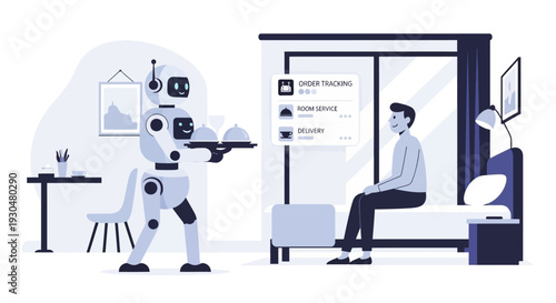 A robot waiter delivering room service to a man sitting on a bed in a modern hotel room.