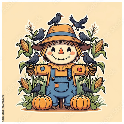 Scarecrow with Birds and Pumpkins Illustration.