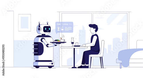 A white and blue service robot delivers a meal on a tray to a man sitting at a dining table in a modern room with a city view.