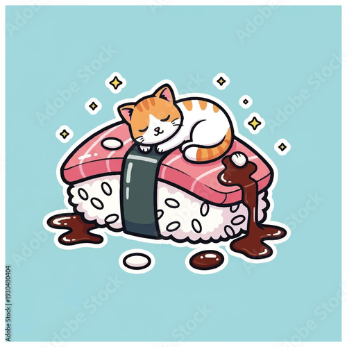 Cat Sleeping on Sushi with Coffee.