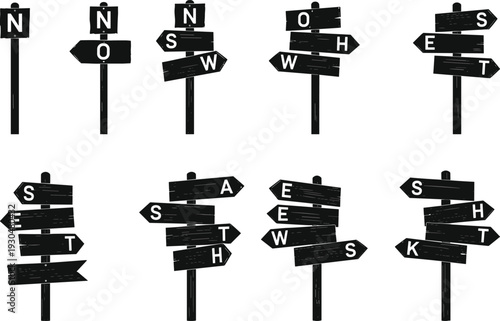 Black wooden direction signposts showing north south east west arrows isolated on white background navigation concept illustration rustic vintage design
