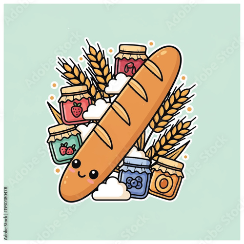 Cartoon Bread Loaf with Jars and Wheat.