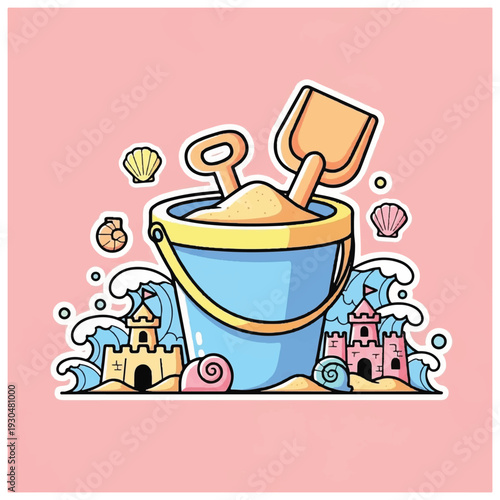 Beach Bucket and Shovel Cartoon Illustration.