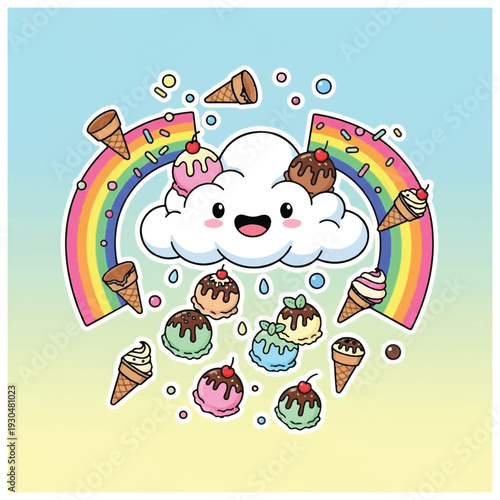Cartoon Cloud with Ice Cream Cones Rainbow.