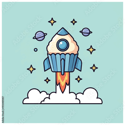 Cartoon Rocket Ship Launching into Space.