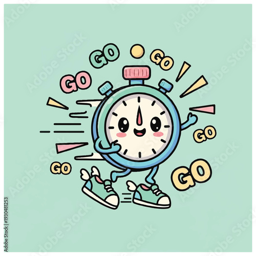 Cartoon Stopwatch Character Running Fast.