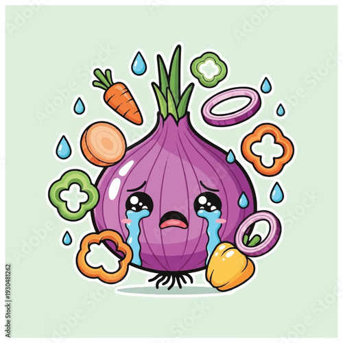 Crying Onion with Vegetables and Tears.