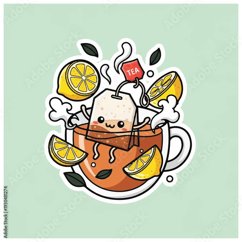 Cartoon Tea Bag with Lemon Slices.