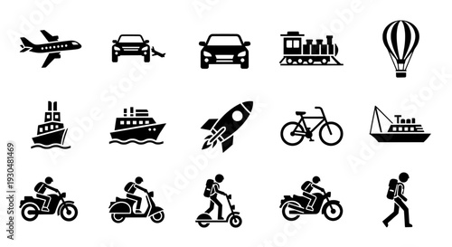 A collection of transportation icons on a white background