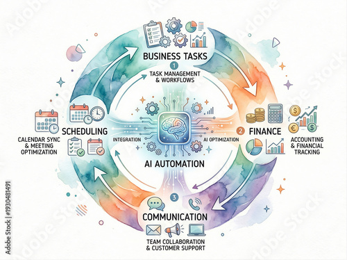 Circular AI Automation Workflow Concept - Watercolor Business Illustration