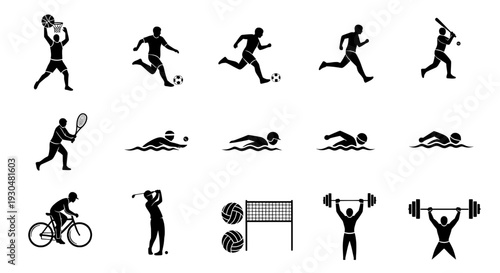 A collection of black silhouettes depicting various sports and fitness activities