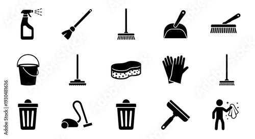 A collection of cleaning icons and tools on a white background