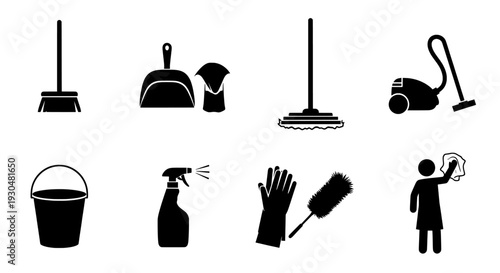 A collection of cleaning tools and supplies for household chores