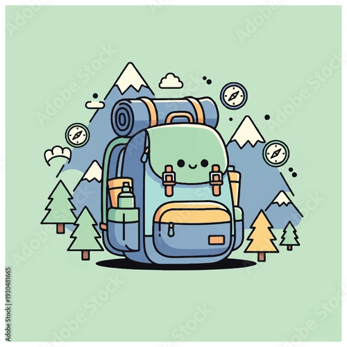 Cartoon Backpack with Smiling Face and Accessories.